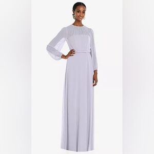 Nwot strapless Chiffon Maxi Dress w/ Puff Sleeve Blouson Overlay in Silver Dove